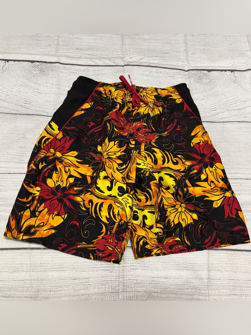 Vintage 90s Nike Swim Trunks Mens Small Black Yellow Red Flame Floral Shorts